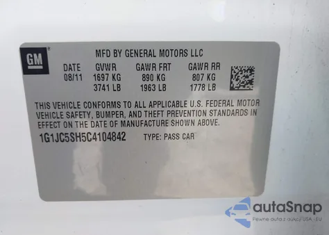 2012 Chevrolet Sonic 2Lt из США, поврежденный, VIN 1G1JC5SH5C4104842